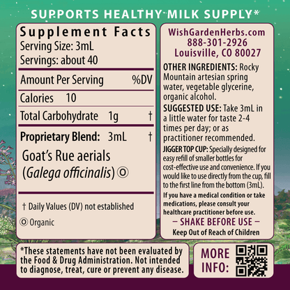 Goat's Rue Tincture, Lactation Aid 4oz Jigger Supplement Facts and Suggested Use
