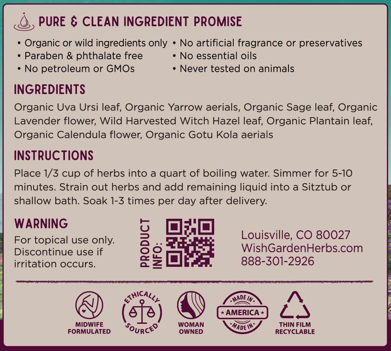 AfterBirth Sitzbath Postpartum Herbal Soak Ingredients & Supplement Facts