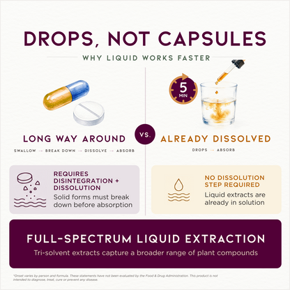 An infographic comparing liquid extracts versus capsules, titled 'DROPS, NOT CAPSULES'. It features a blue and gold capsule on the left labeled 'LONG WAY AROUND' and a liquid drop dissolving in water on the right labeled 'ALREADY DISSOLVED'.